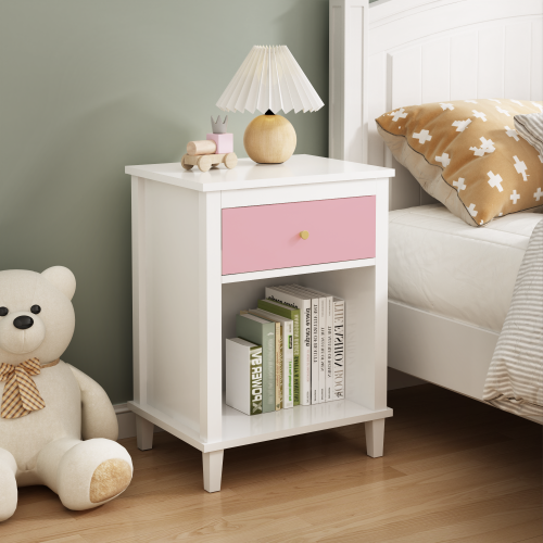 26.77''H Wooden Nightstand with One Drawer One Shelf for Kids, Adults, White+Golden handle、、casual