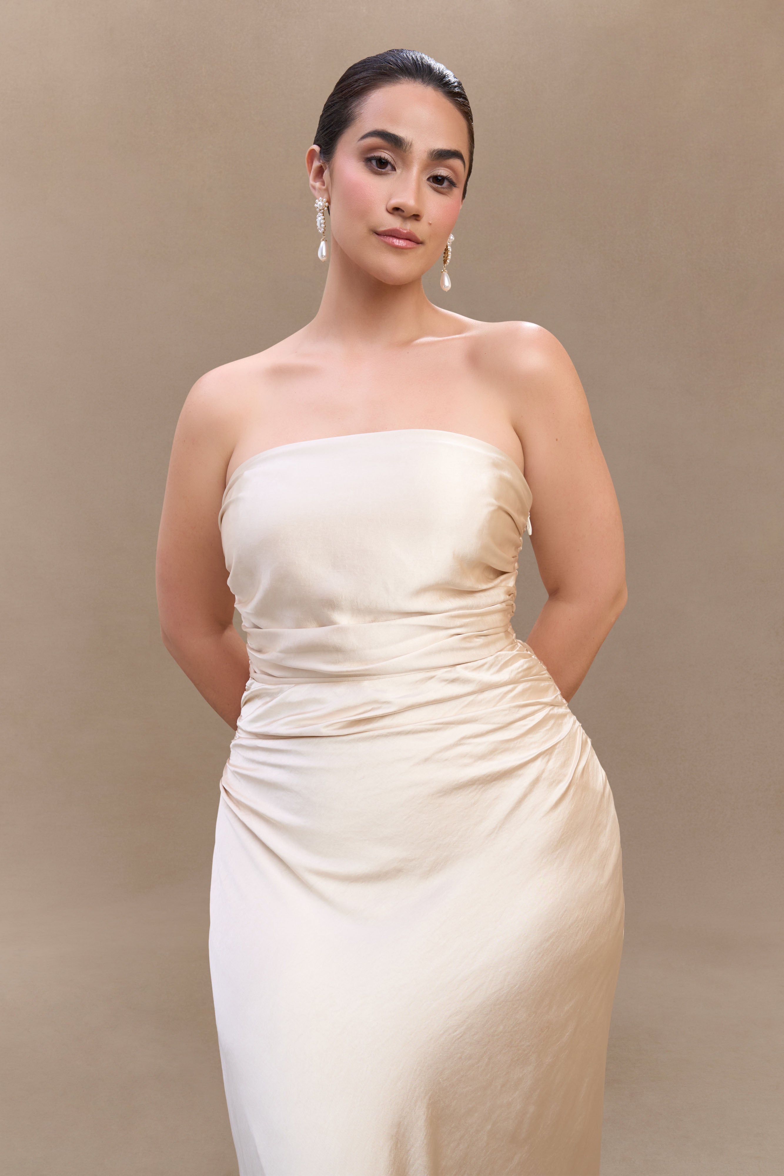 Cedar Strapless Satin Maxi Dress - Blush Gold、mySite、solidvoid