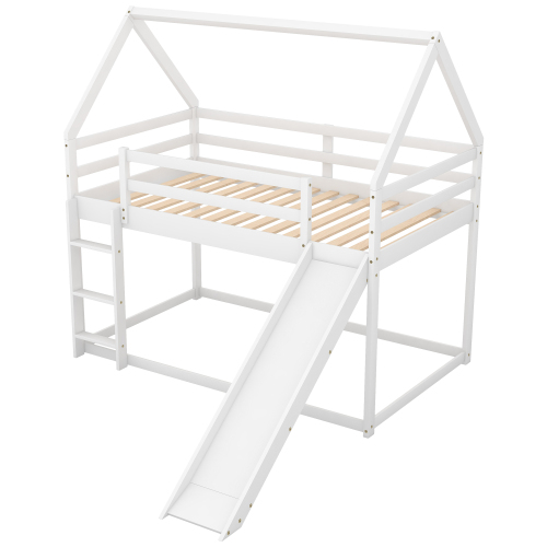 Twin Size Bunk House Bed with Slide and Ladder,White、、casual