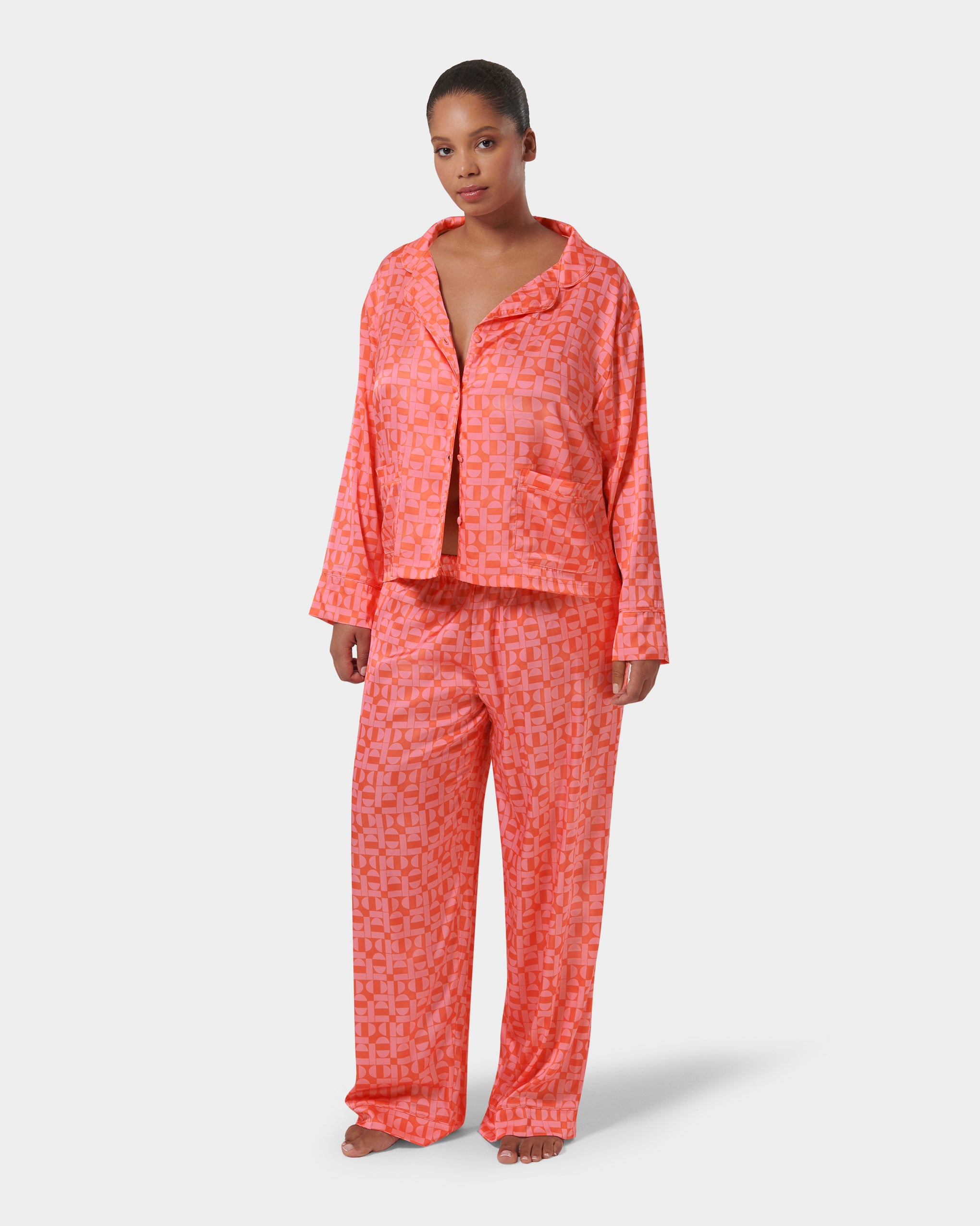 Tabitha Luxury Satin Long Pyjama Set Hot Coral/Dianthus Pink、mySite、bengalsvssteelers