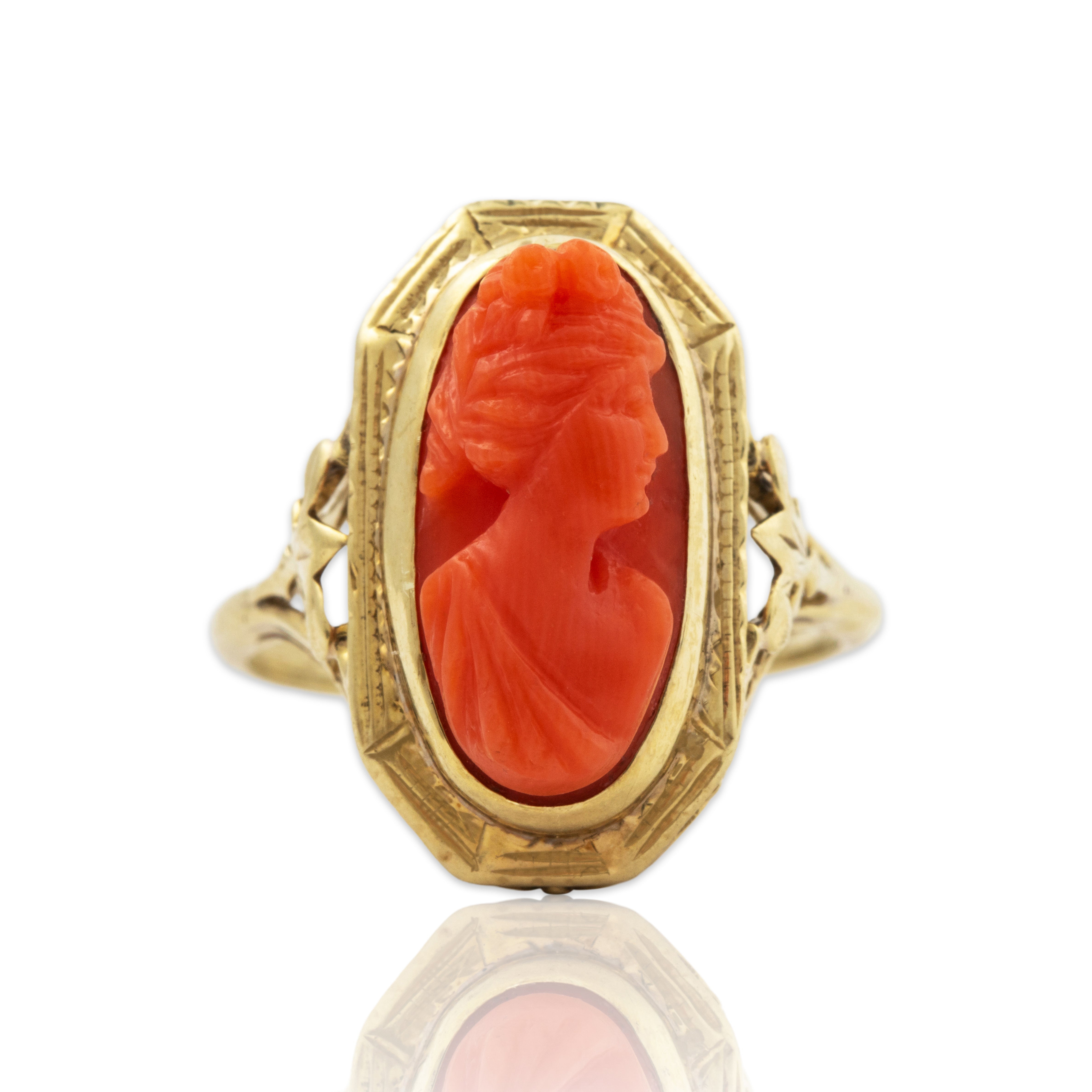 Antique 14k Yellow Gold 3.89ct Coral Openwork With Woman Cameo Ring 5.75、mySite、hinf8tx79