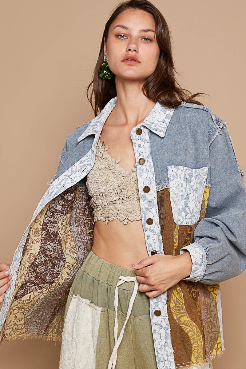 POL Raw Hem Twill Contrast Button Up Shacket、mySite、camillekostekn