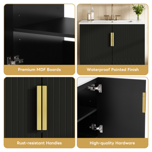 30" Vintage Bathroom Vanity with Ceramic Sink, with 3 Holes Single Ceramic Sink, Bathroom Storage Vanity Cabinet with 2 Soft Closing Doors、、xpatfood