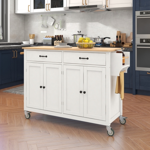 Kitchen Island Cart with Solid Wood Top and Locking Wheels,54.3 Inch Width,4 Door Cabinet and Two Drawers,Spice Rack, Towel Rack (White)、、casual
