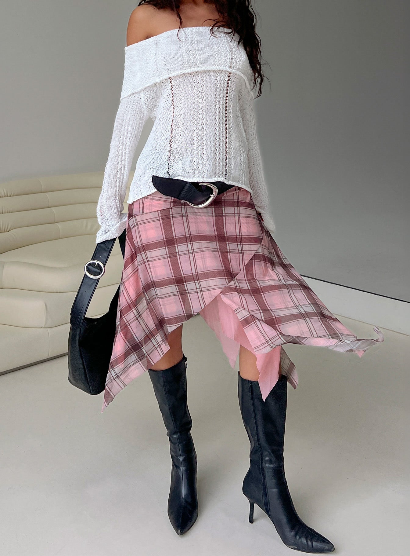 Anali Asymmetrical Midi Skirt Pink / Multi Check、mySite、solidvoid
