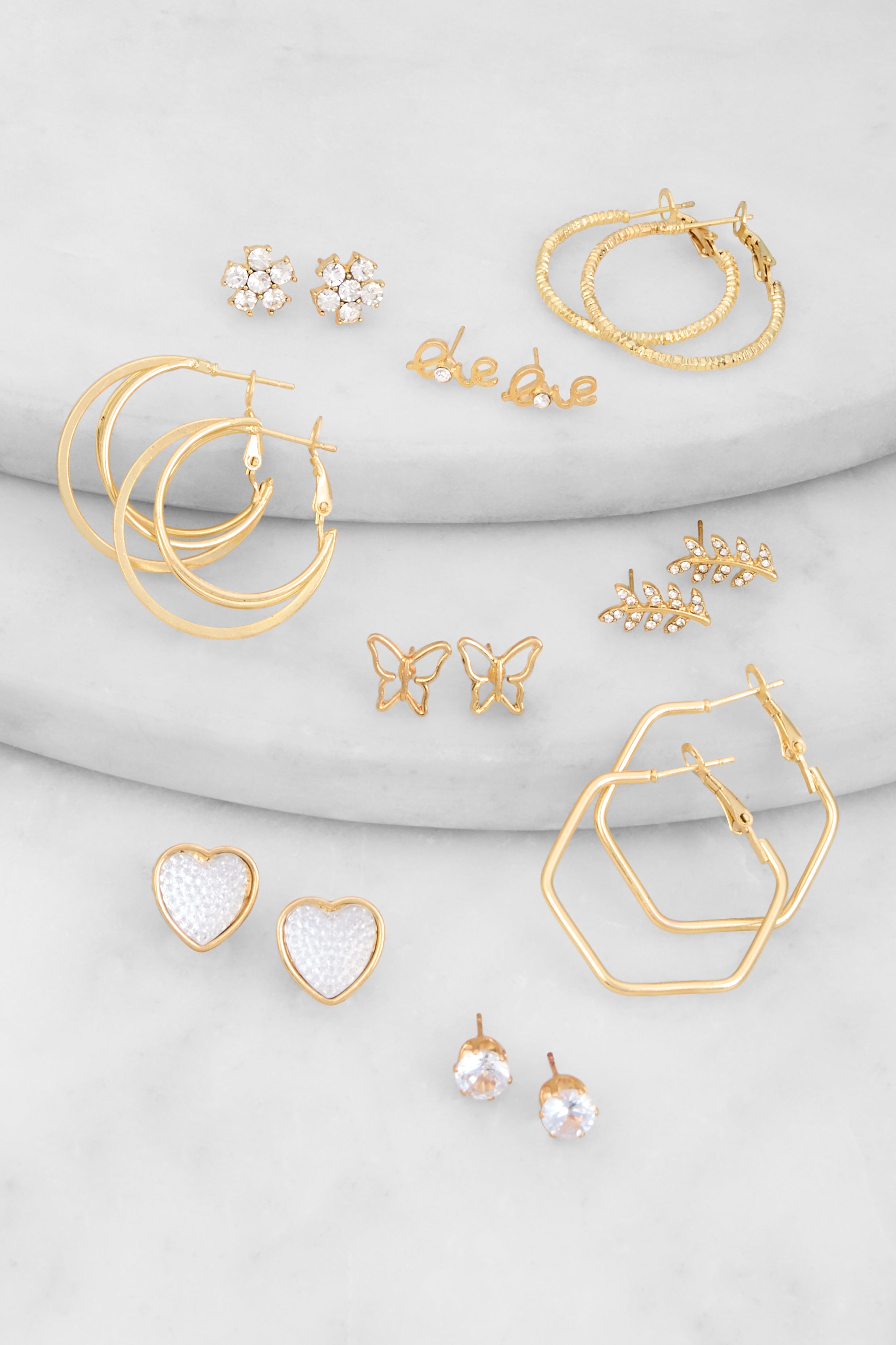 Love Assorted Metallic Stud and Hoop Earrings Set of 9、mySite、camillekostekn