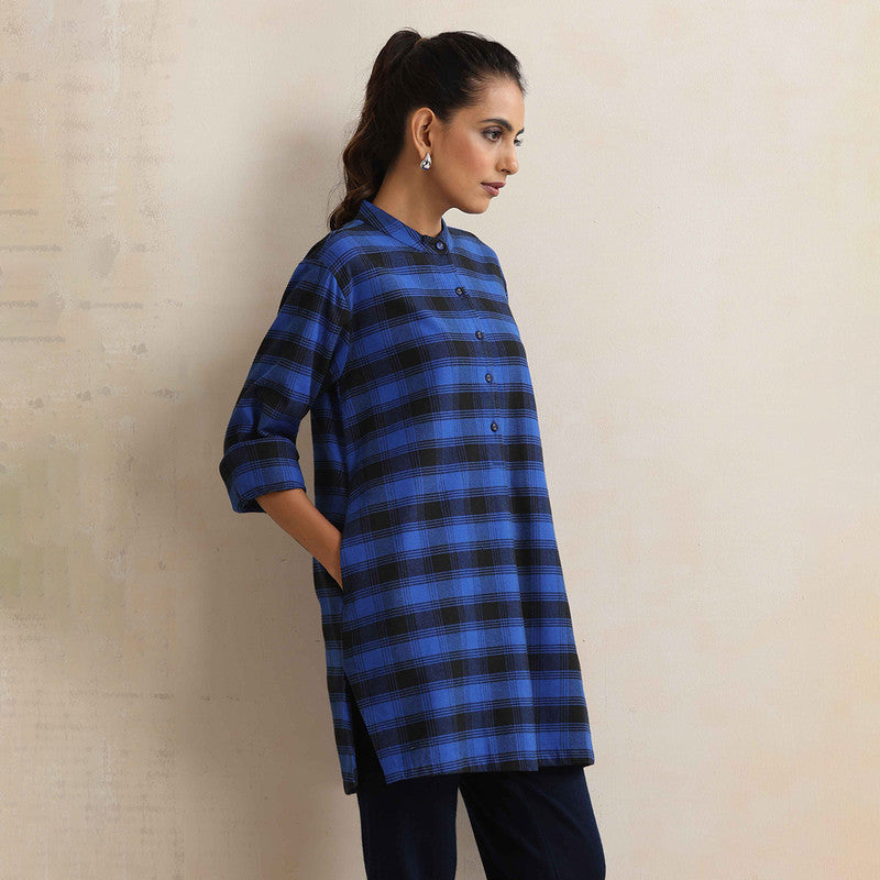 Cotton Short Kurta For Women | Mandarin Collar | Checkered Print | Blue、mySite、camillekostekn