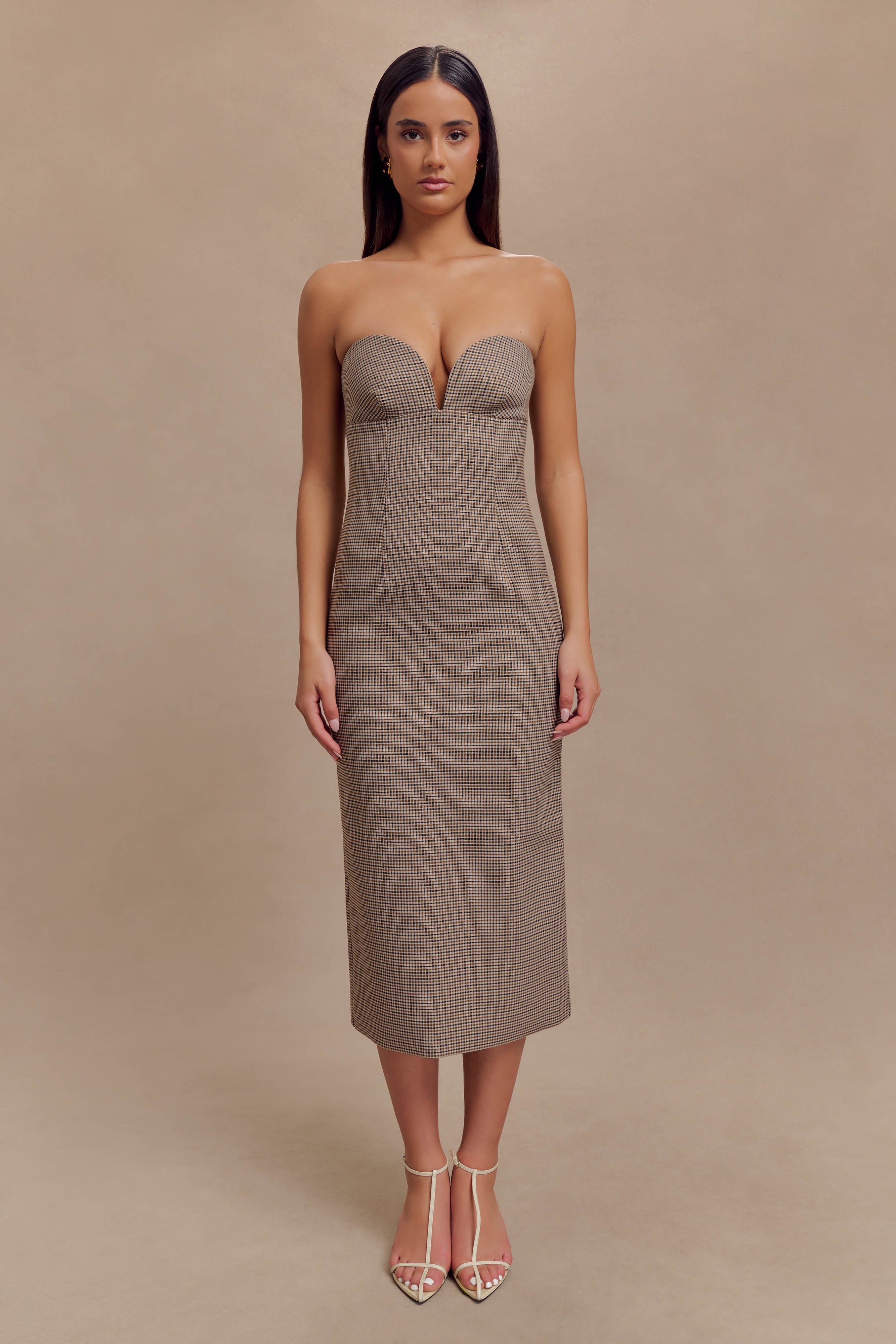 Christie Strapless Midi Dress - Tan Check、mySite、solidvoid