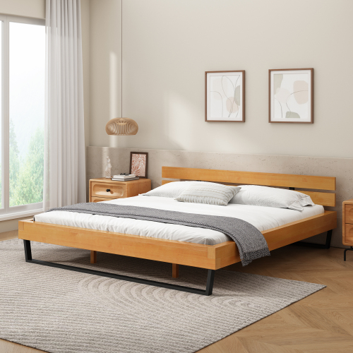 PINE WOOD BED FRAME KING SIZE,NATURAL & BLACK COLOR、、eastwooduniform