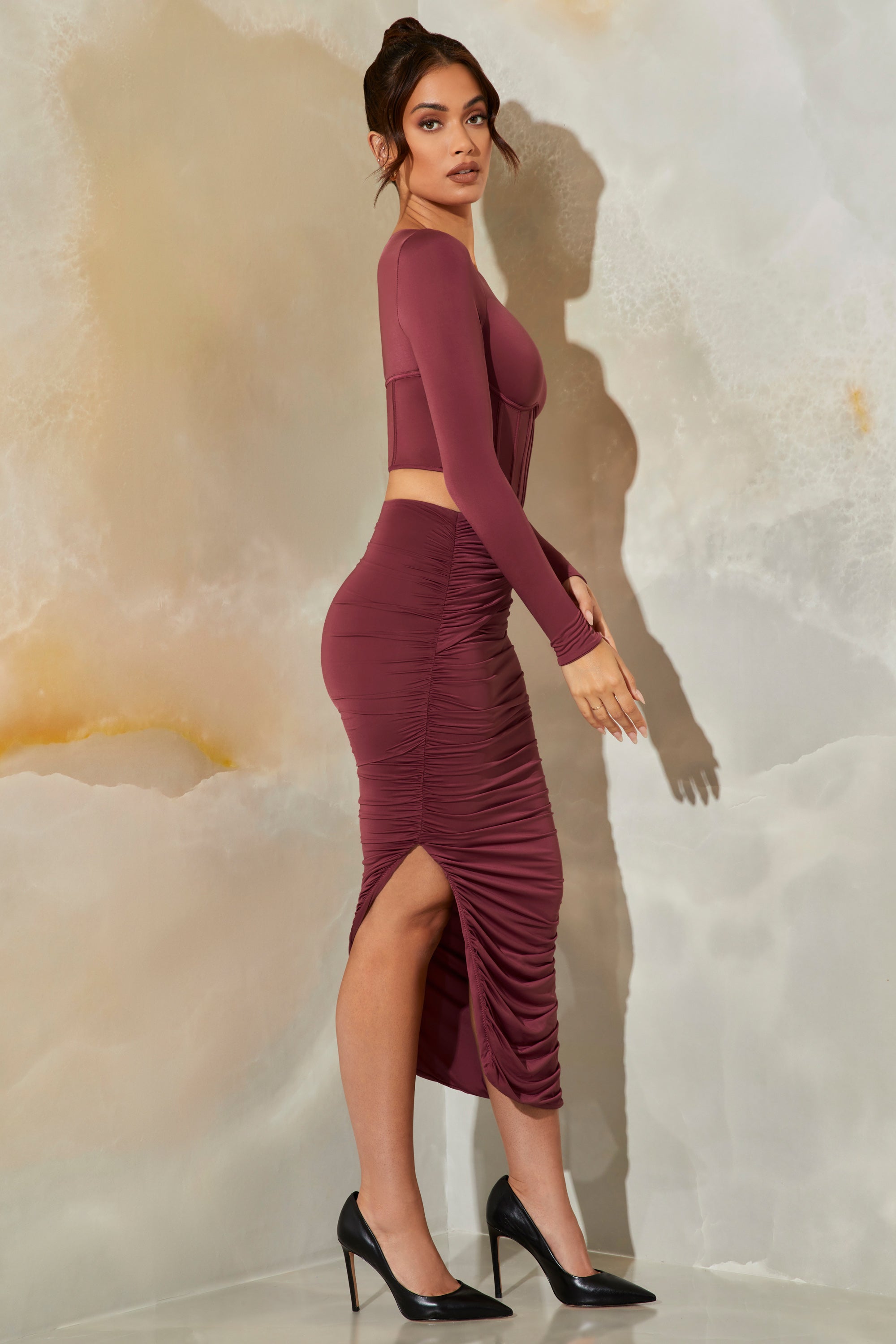 Ruched Maxi Skirt in Dark Mauve、mySite、solidvoid