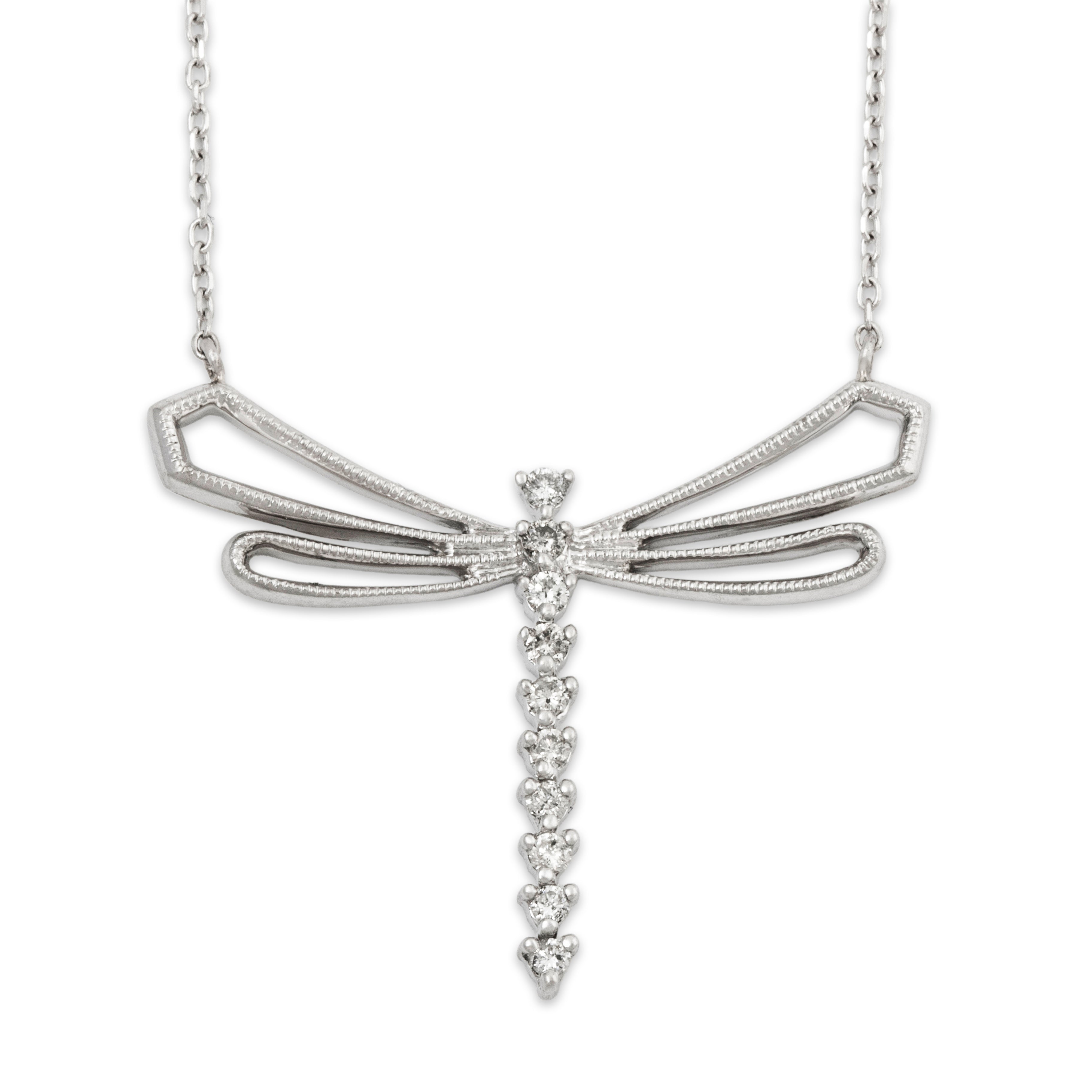 Vintage 14k White Gold .21cttw Diamond Figural Dragonfly Necklace 18、mySite、hinf8tx79