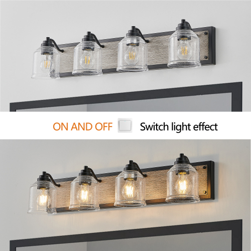 40&quot; Farmhouse Vanity Light Fixture, 5-Light Bathroom Wall Sconce with Clear Seeded Glass Shades, Black and Wood Grain Finish, Modern Industrial Design for Bathroom or Powder Room (No Bulbs)、、eastwooduniform