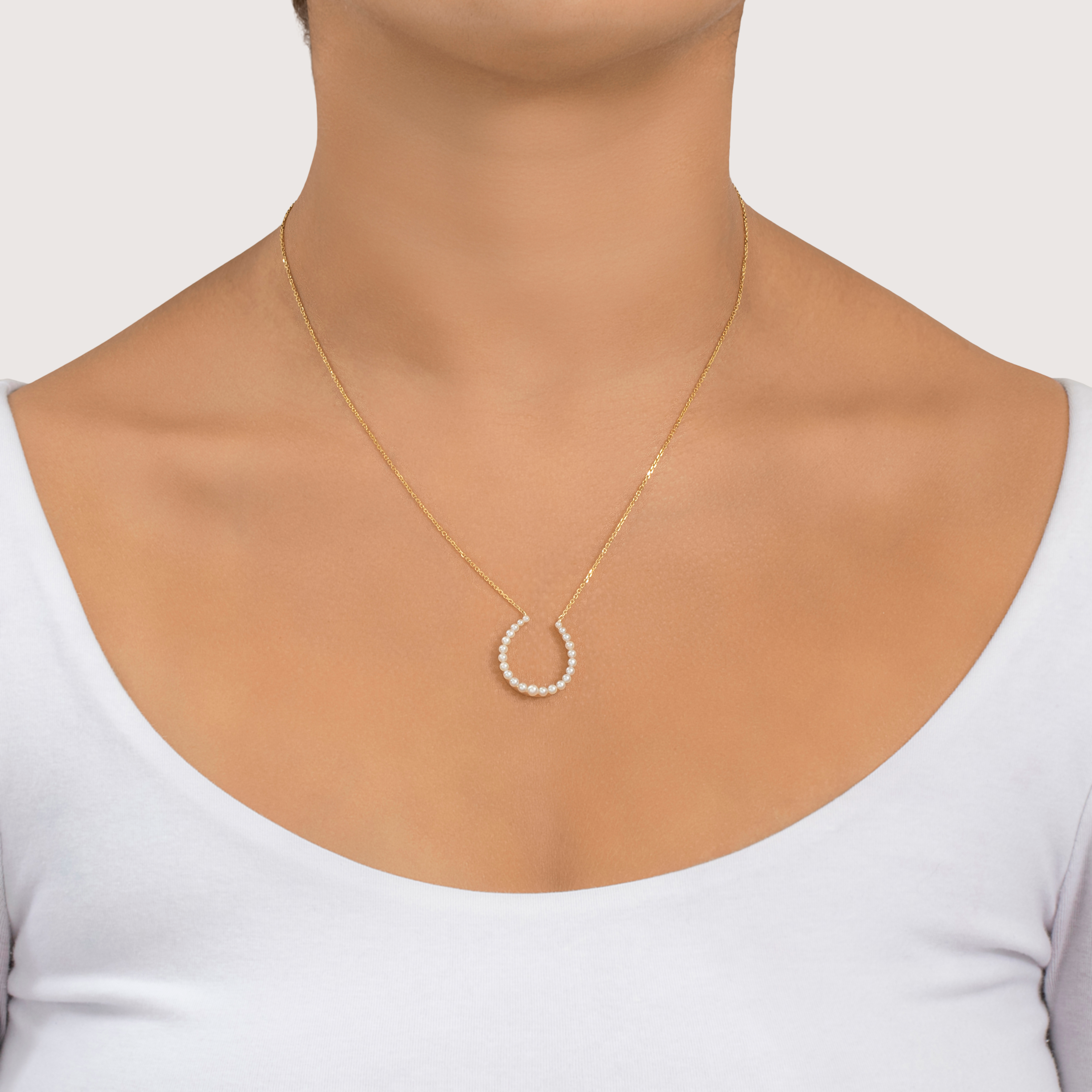 Antique Shreve & Co. 14k Yellow Gold Pearl Horseshoe Necklace 16-17-18、mySite、hinf8tx79