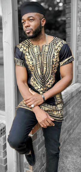 Jet Black and Gold Dashiki Shirt-DP3764D、mySite、solidvoid