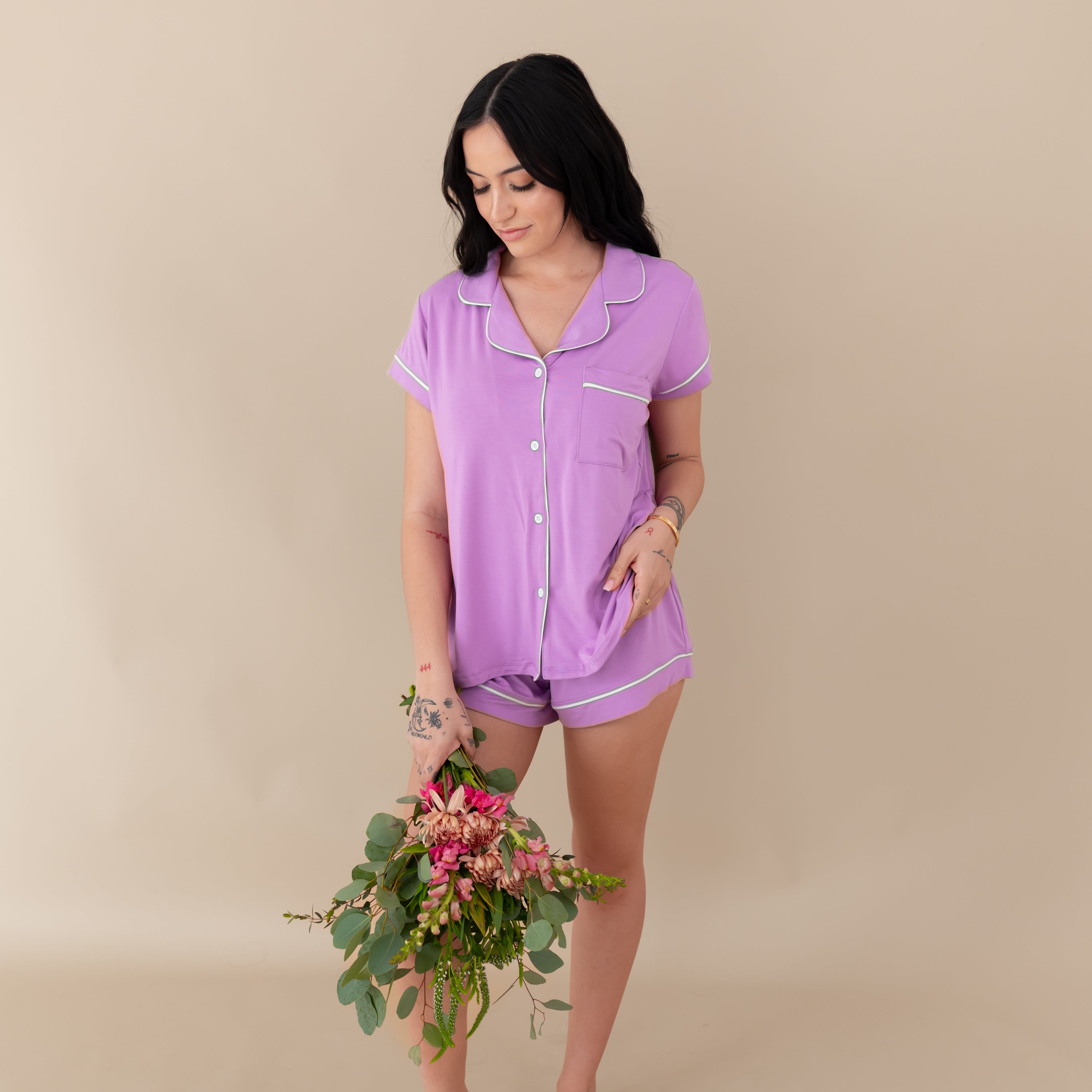  Women’s Short Sleeve Pajama Set in Poi with Cloud Trim、mySite、layawaytickets