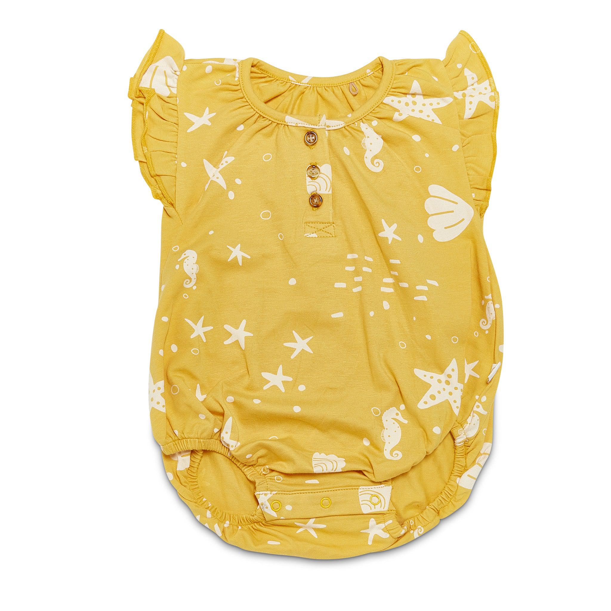 RETIRED - Organic Flutter Sleeve Button Bunsuit - Sunny Yellow Seashells、mySite、g9winljtr