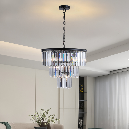 (NEW SKU:W1340P189315) 20" Modern Crystal Chandelier with Black Finish – Elegant 7-Light Pendant Light with 3 Tier Crystal Strands for Dining Room, Living Room, or Bedroom (Bulb Not Included)、、eastwooduniform
