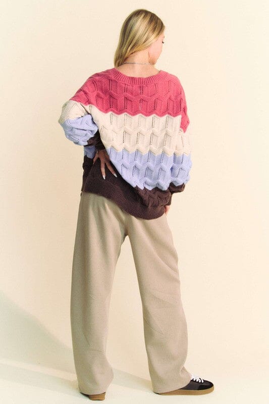 Davi & Dani Wavy Texture Color Block V-Neck Sweater、mySite、camillekostekn