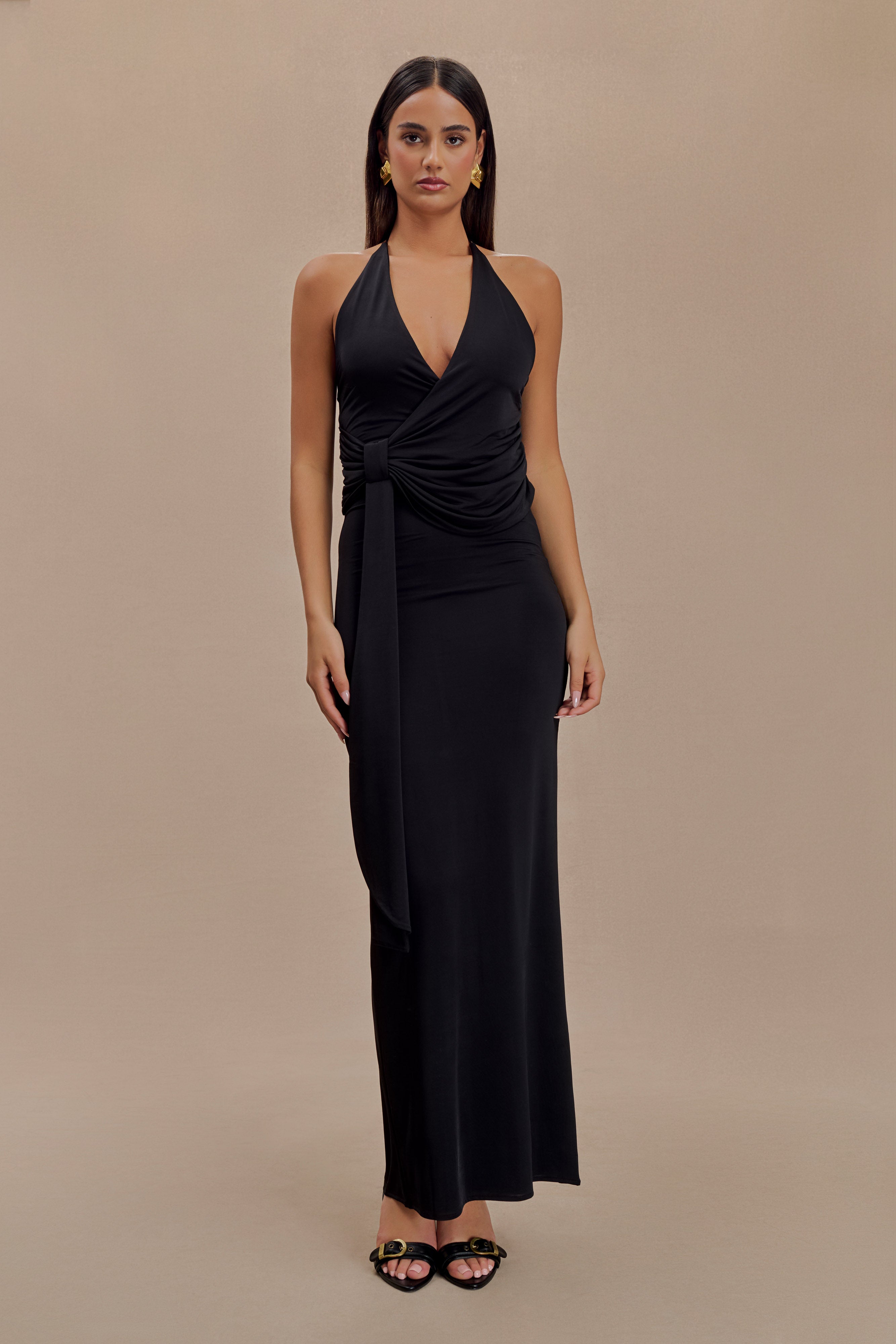 Tyla Draped Slinky Halter Maxi Dress - Black、mySite、solidvoid