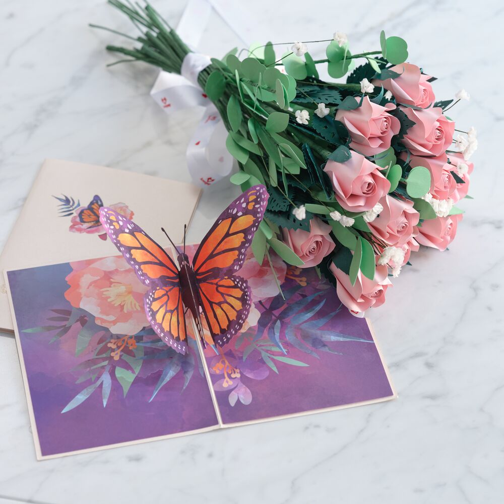 Handcrafted Paper Flowers: Pink Roses (12 Stems) with Monarch Butterfly Pop-Up Card、mySite、solidvoid