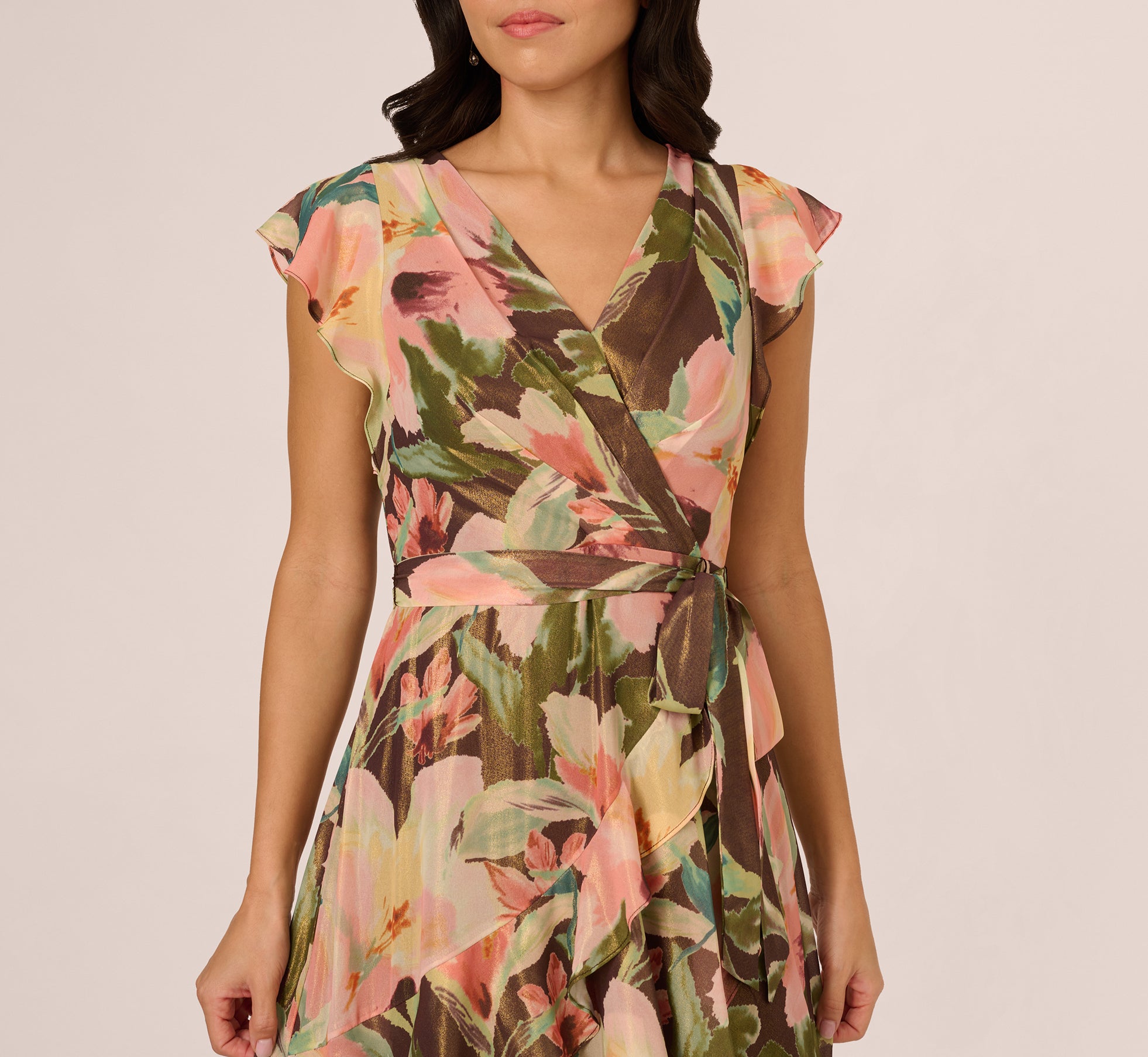 Flutter Sleeve High Low Midi Wrap Dress In Brown Multi、mySite、solidvoid