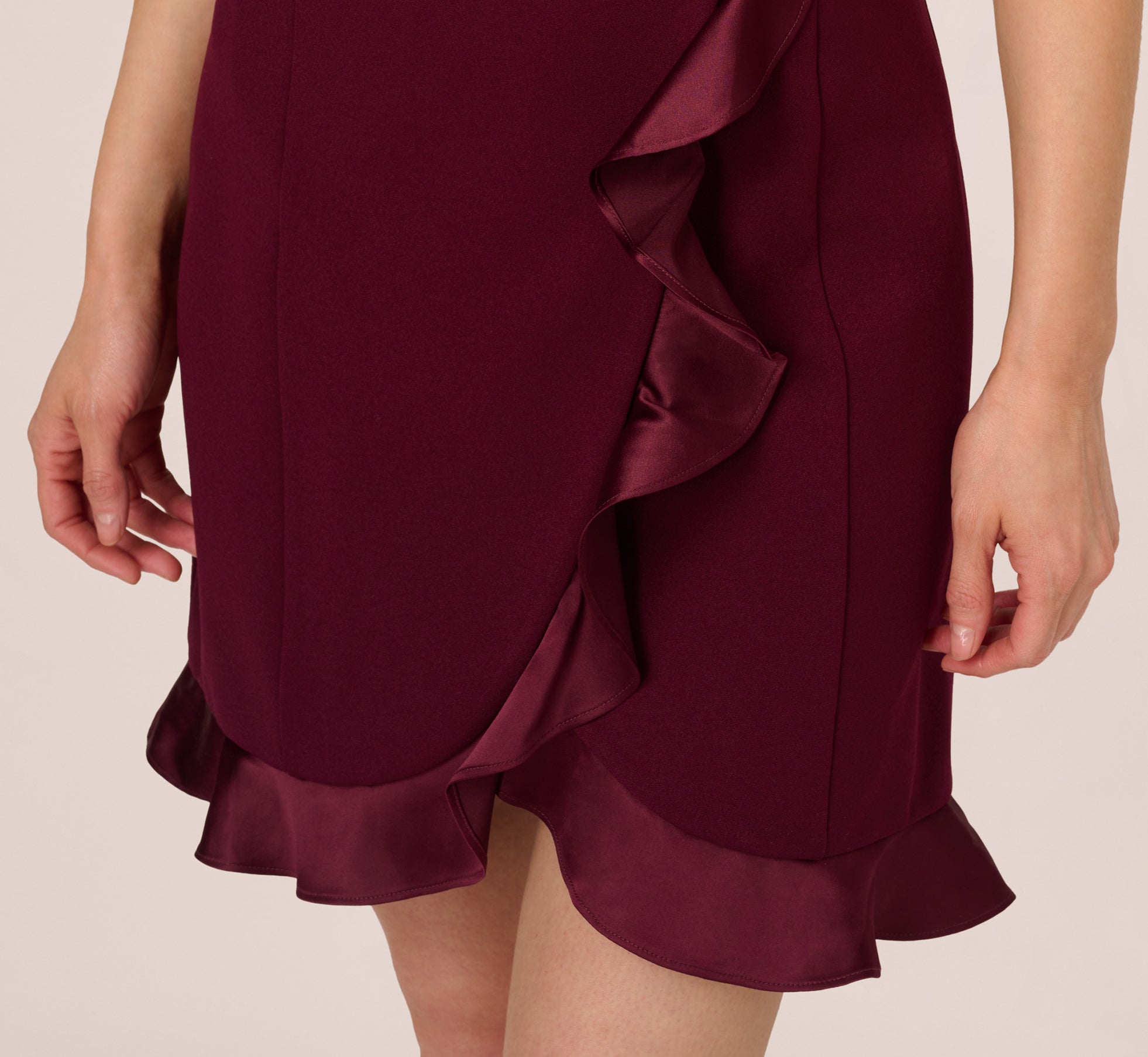 Sleeveless Crepe Tuxedo Dress With Charmeuse Accents In Cabernet、mySite、solidvoid