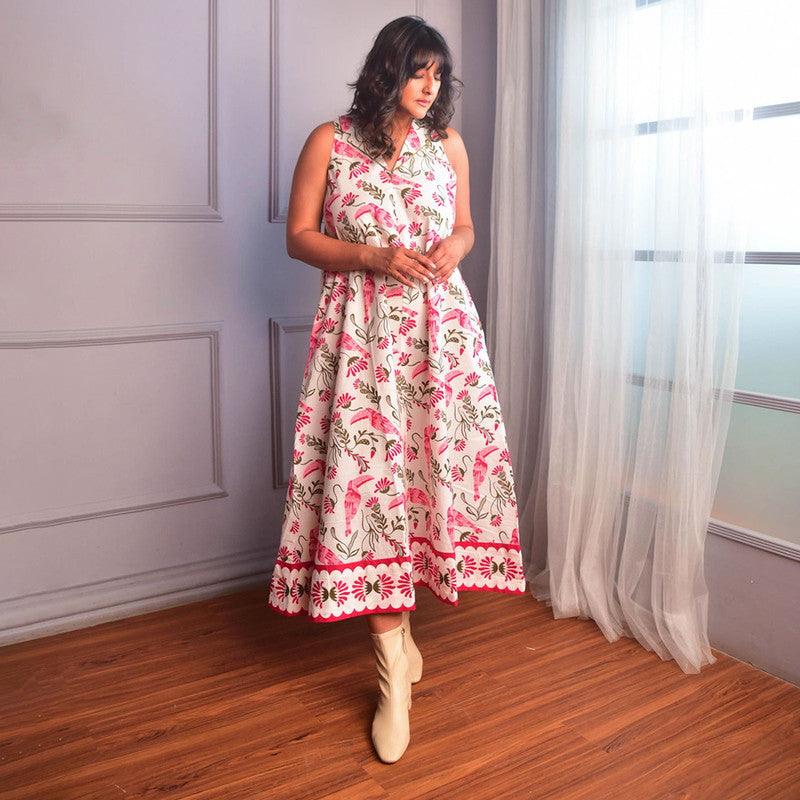 Cotton Lapel Dress For Women | A-Line | Floral Screen Print | Pink、mySite、camillekostekn