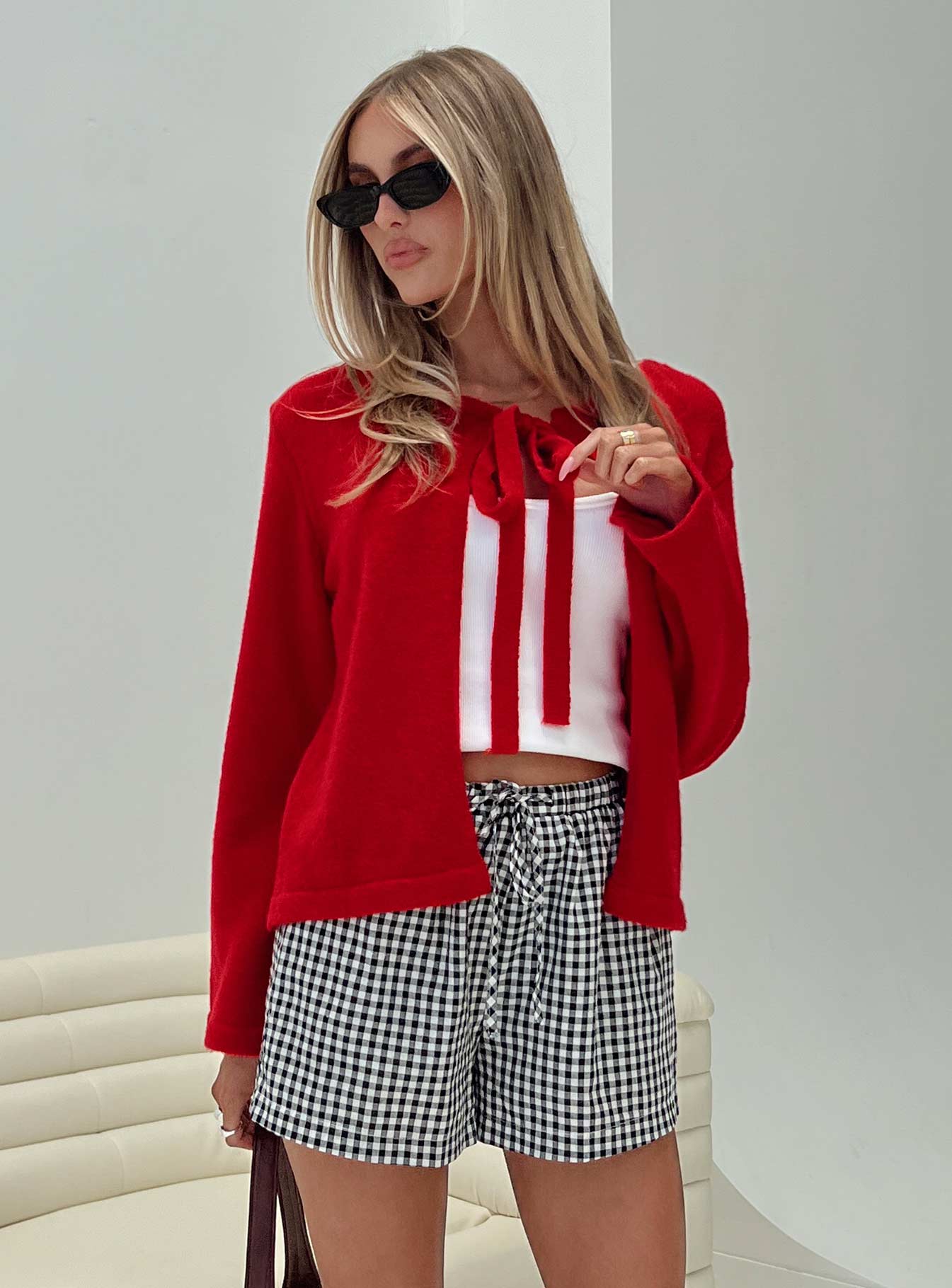 Norine Tie Up Knit Sweater Red、mySite、solidvoid