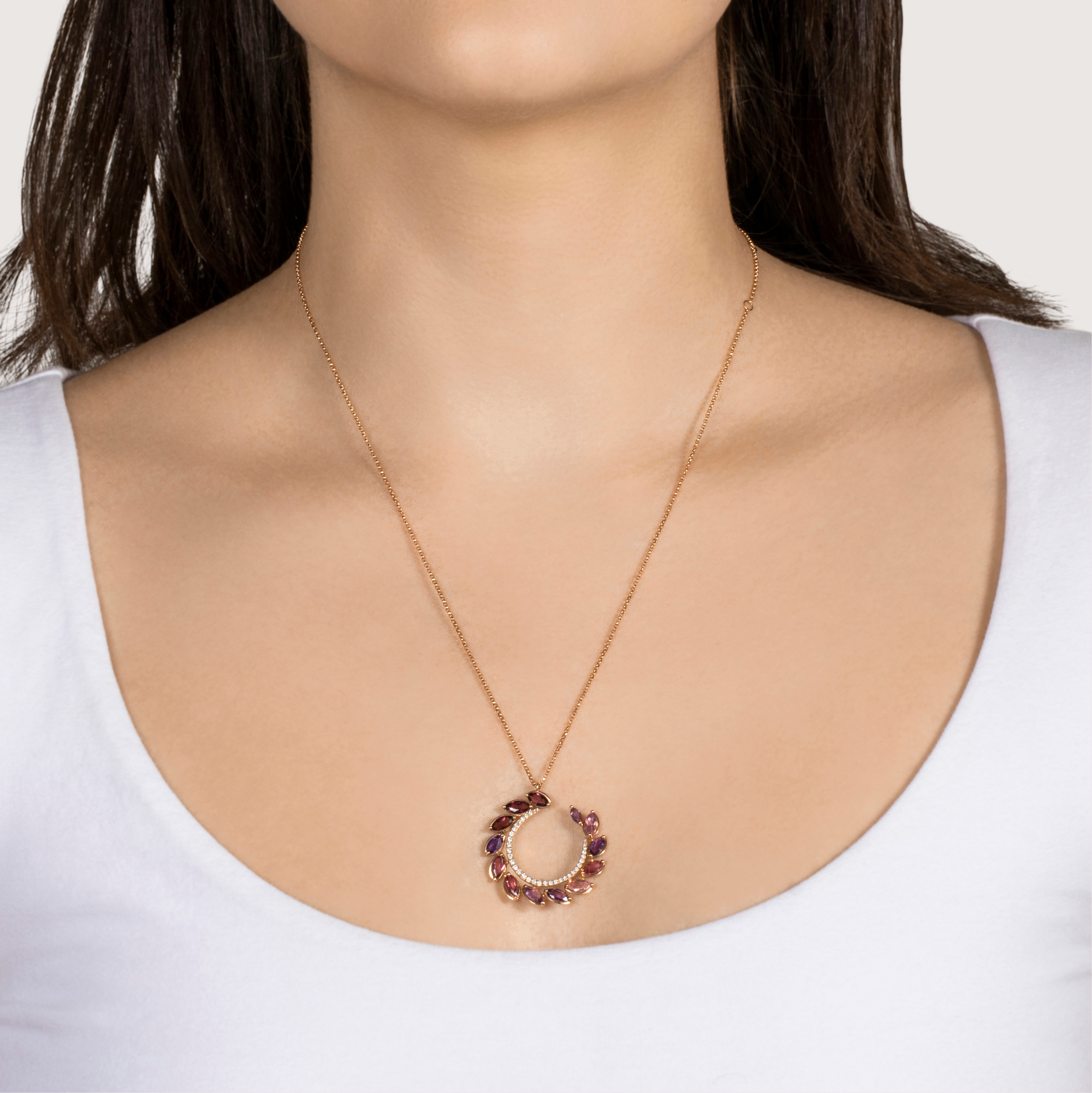 Vintage Large 14k Rose Gold 1.52cttw Tourmaline Amethyst Leaf Array Necklace 18、mySite、hinf8tx79