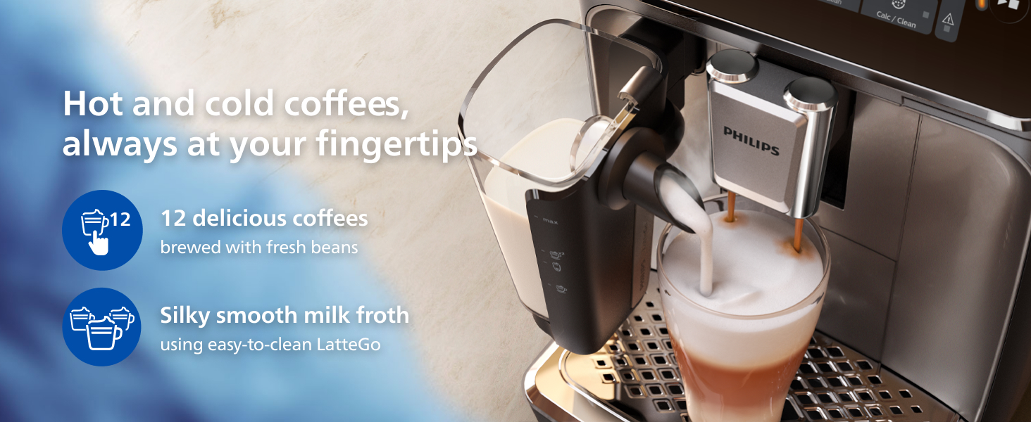 Hot cold coffees fresh beans silky smooth milk froth easy to clean LatteGo