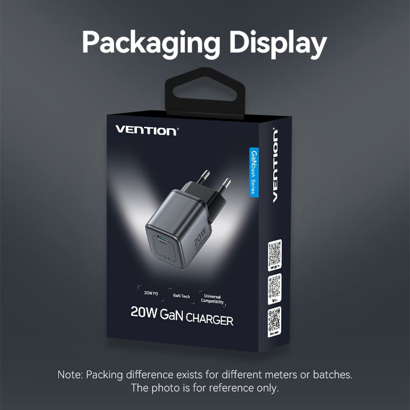 Vention 1-Port USB-C GaN Charger 20W EU-Plug、mySite、fannypackpong