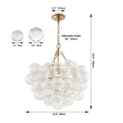 23.6-Inch Gold Pendant Light Chandelier with Threaded Clear Glass Globe Shade – Adjustable Height, Ideal for Living Room, Dining Room, Kitchen (No Bulbs)、、eastwooduniform
