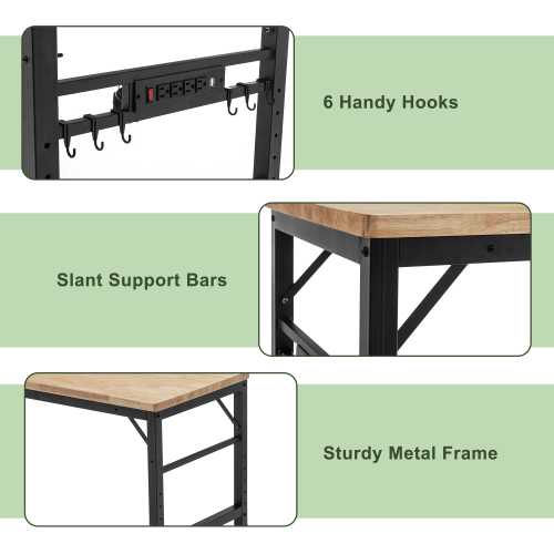 Adjustable Height Workbench, 60" Rubber Wood Top Heavy duty Workstation with Power Outlets, 2000 LBS Load Capacity Hardwood Worktable for Workshop, Garage, Office, Home, Commercial、、casual