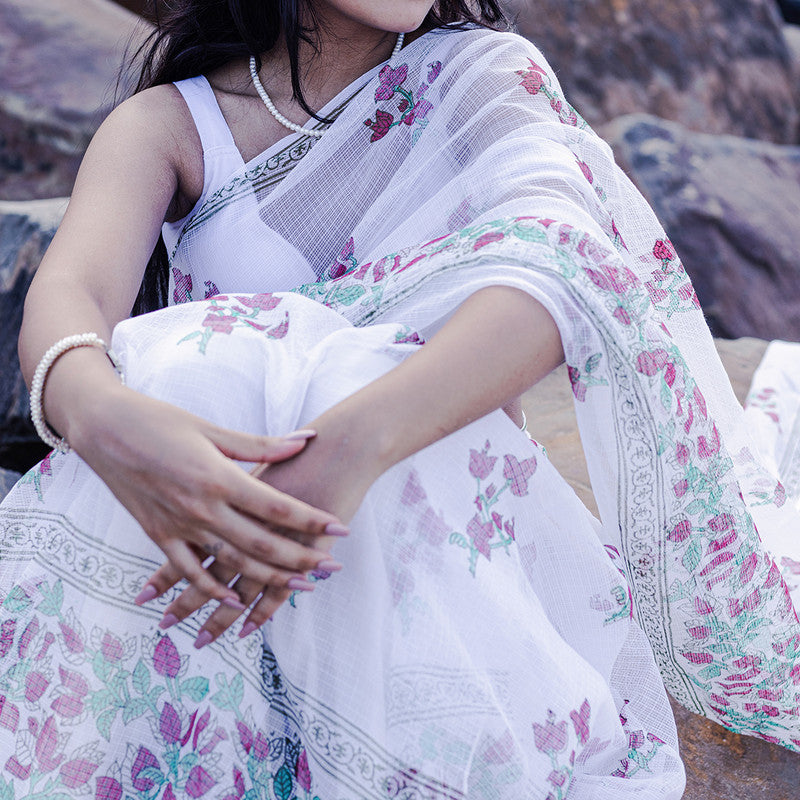 Kota Handblock Printed Saree | Bougainvillea | White & Red、mySite、camillekostekn