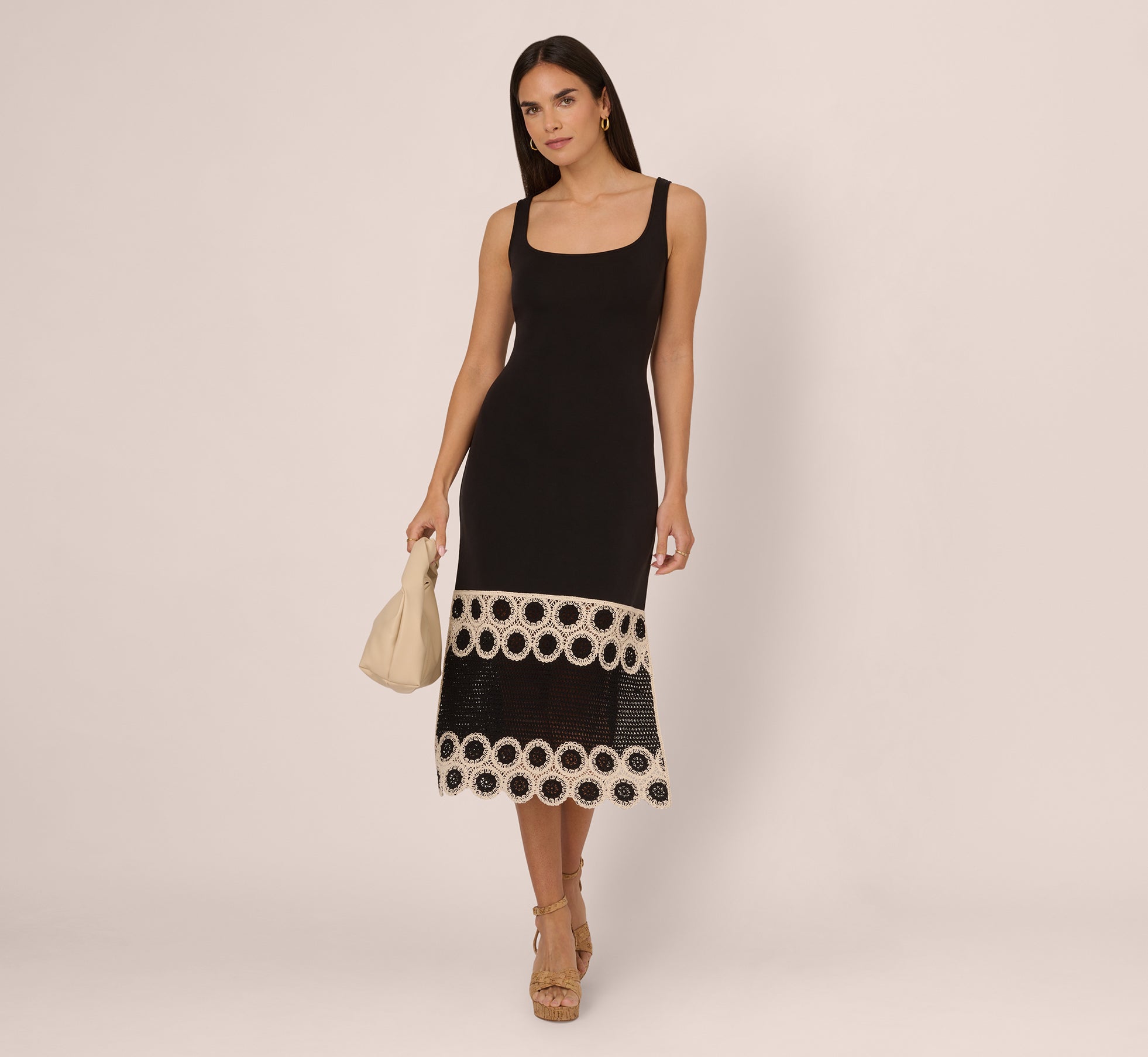 Crochet Trimmed Sheath Midi Dress With Tank Straps In Black Ecru、mySite、solidvoid