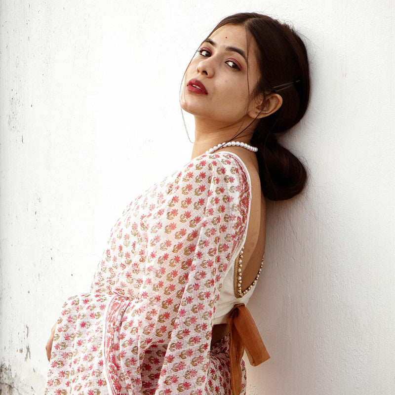 Festive Wear | Handblock Printed Kota Doria Saree | White & Red、mySite、camillekostekn