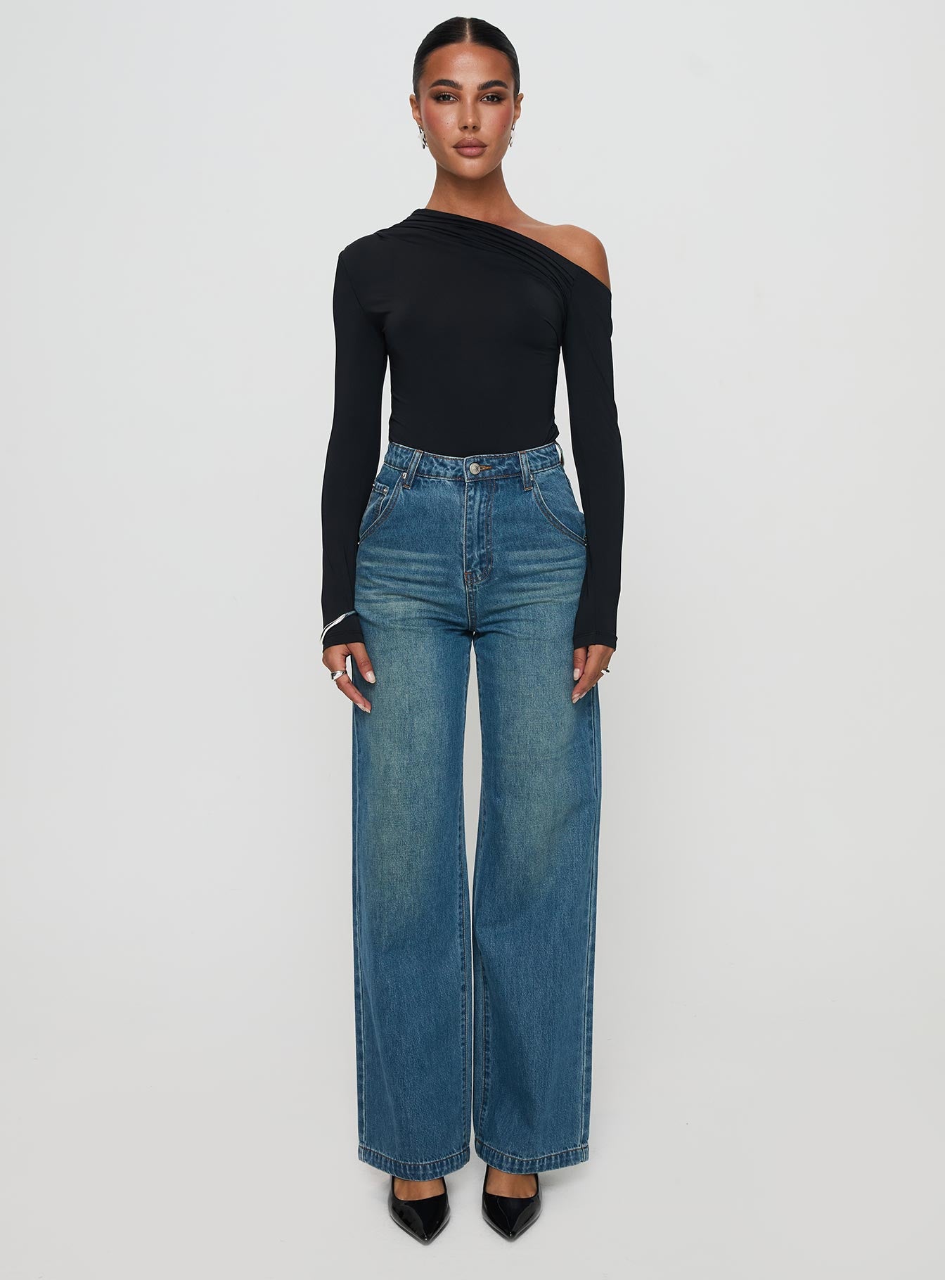 Hustler High Rise Straight Leg Denim Jean Washed Blue、mySite、solidvoid