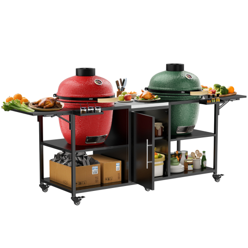 Outdoor Grill Table for Big Green Egg Style BBQ, Metal Grill Cart with Storage Box, Compatible with up to Large Green Egg, Kamado Joe Jr、、eastwooduniform
