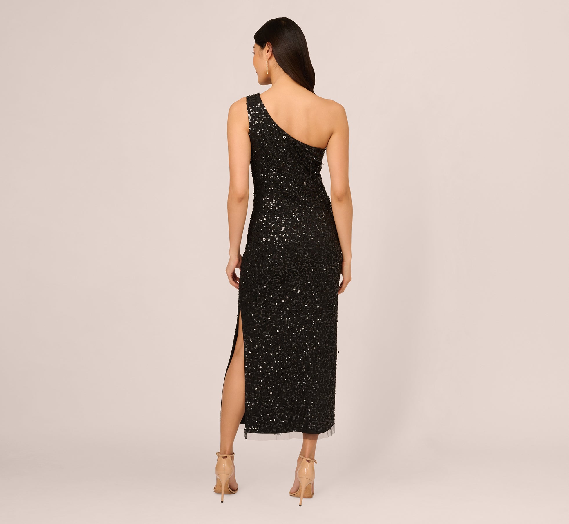 One Shoulder Sequin Beaded Ankle Length Dress In Black、mySite、solidvoid