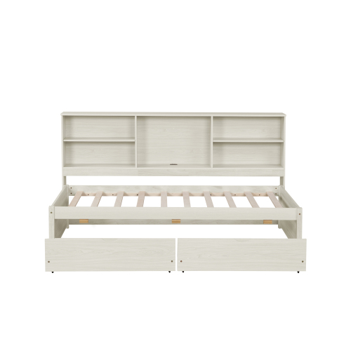 Twin Size Bed Frame With Side Bookshelves, Two Drawers, And Built-in USB Port For Natural Color、、xpatfood