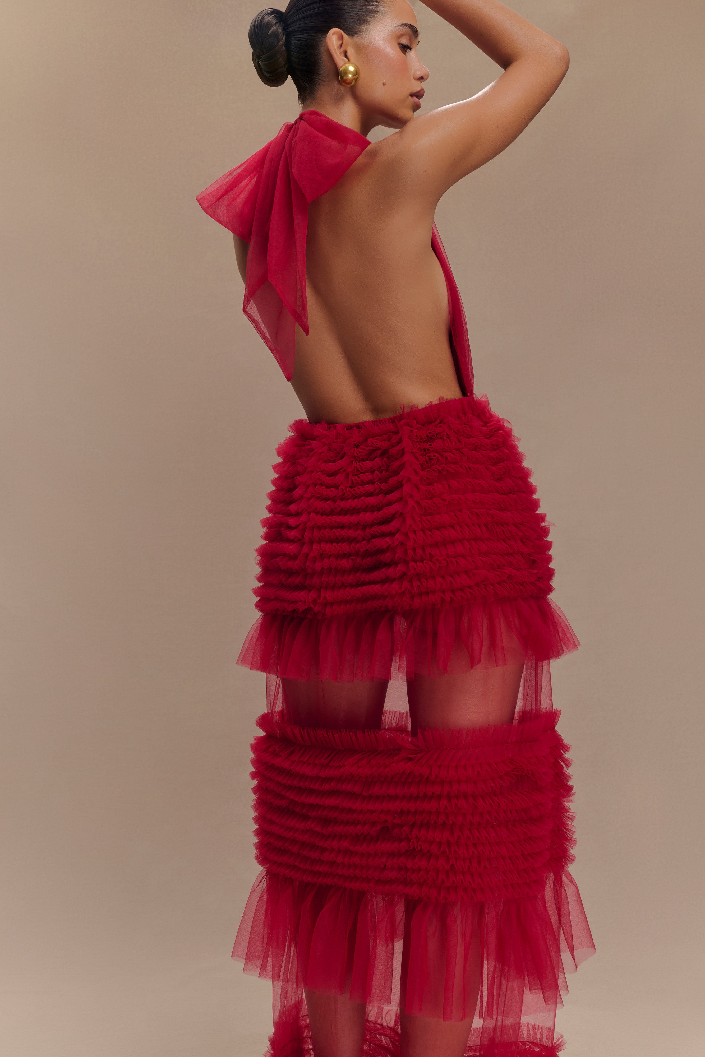 Minka Mesh Ruffle Halter Maxi Dress - Red、mySite、solidvoid