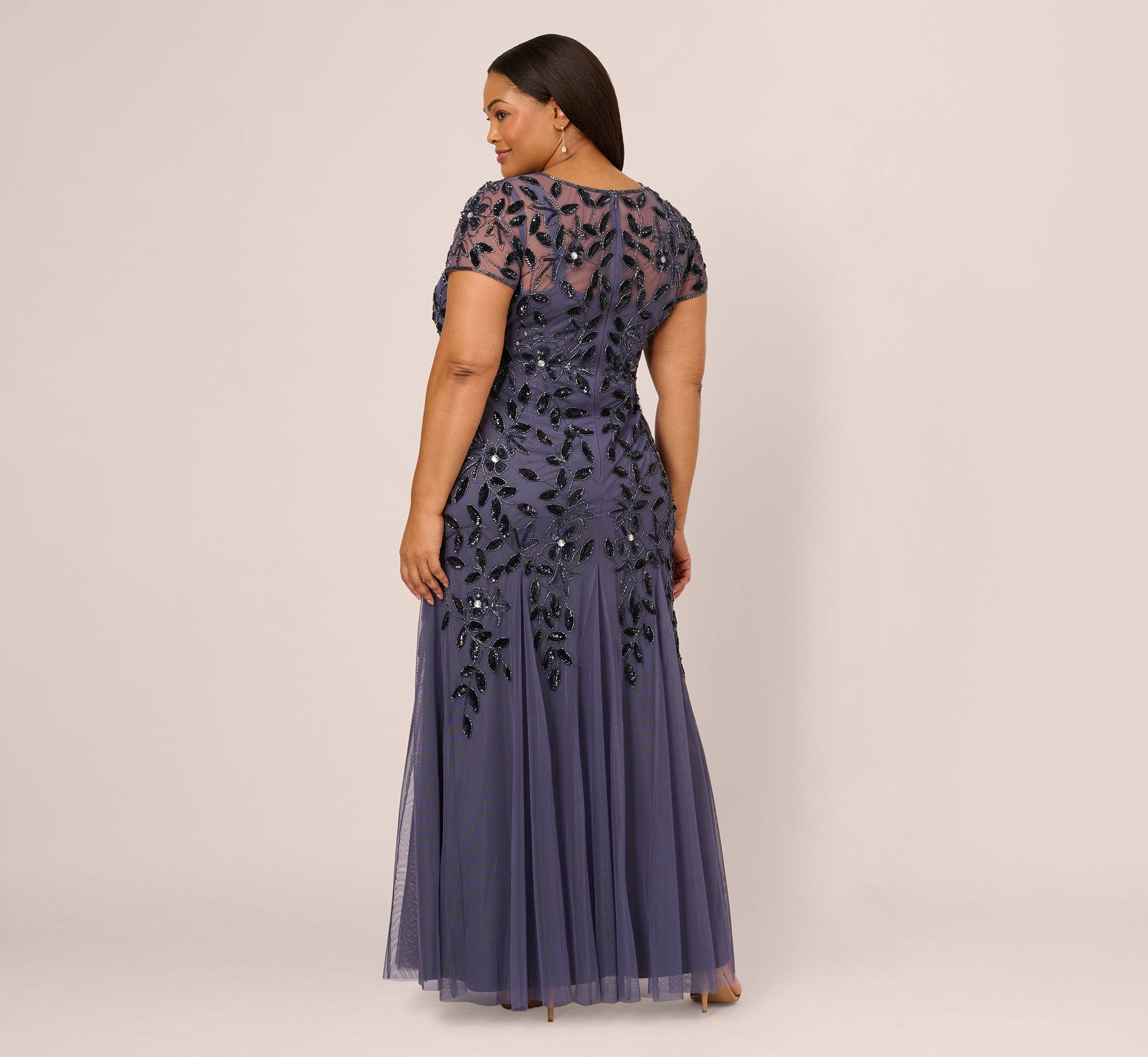 Plus Size Hand Beaded Short Sleeve Floral Godet Gown In Smoky Peri、mySite、solidvoid