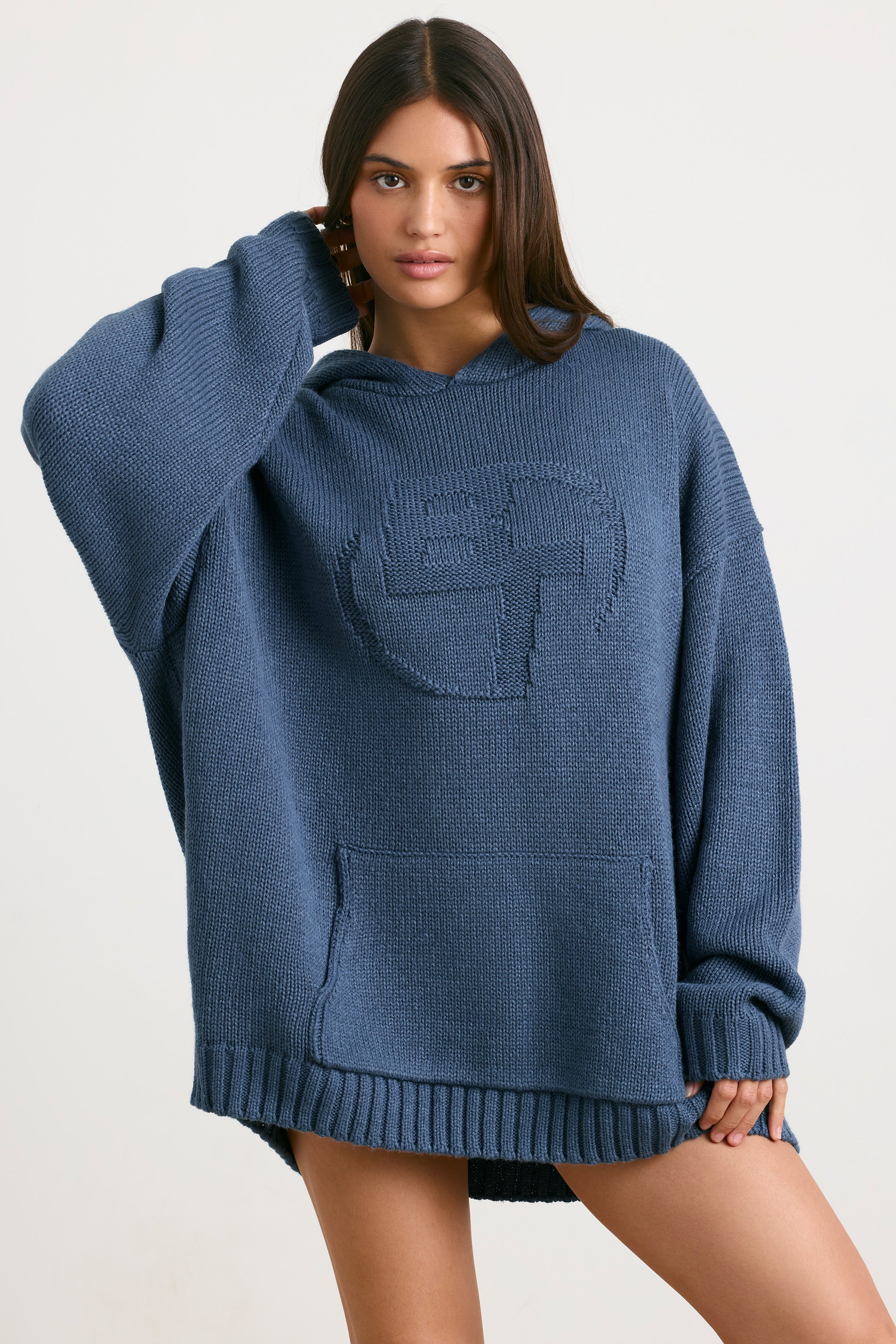 Oversized Chunky Knit Hoodie in Washed Navy、mySite、solidvoid
