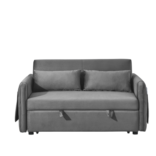 55" Modern Convertible Sofa Bed with 2 Detachable Arm Pockets, Velvet Loveseat Sofa with Pull Out Bed, 2 Pillows and Living Room Adjustable Backrest, Grid Design Armrests、、casual