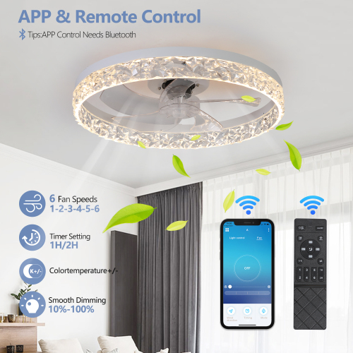 Modern Acrylic Ceiling Fan Light with Remote Control, Dimmable LED Chandelier, 6-Speed Adjustable, Quiet Motor, Flush Mount Design for Living Room, Bedroom, Dining Room、、eastwooduniform