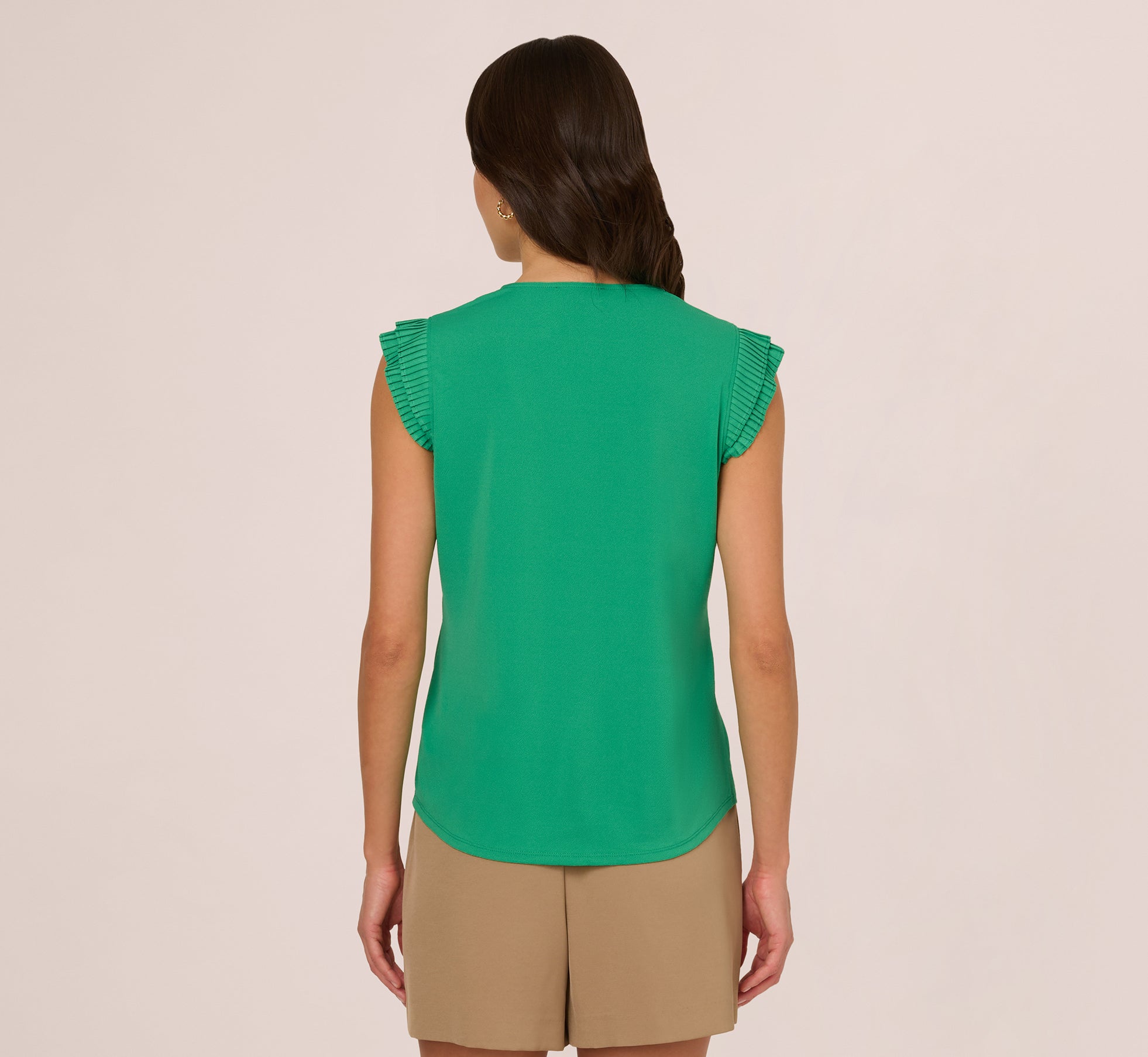 V-Neck Top With Pleated Flutter Sleeves In Simply Green、mySite、solidvoid