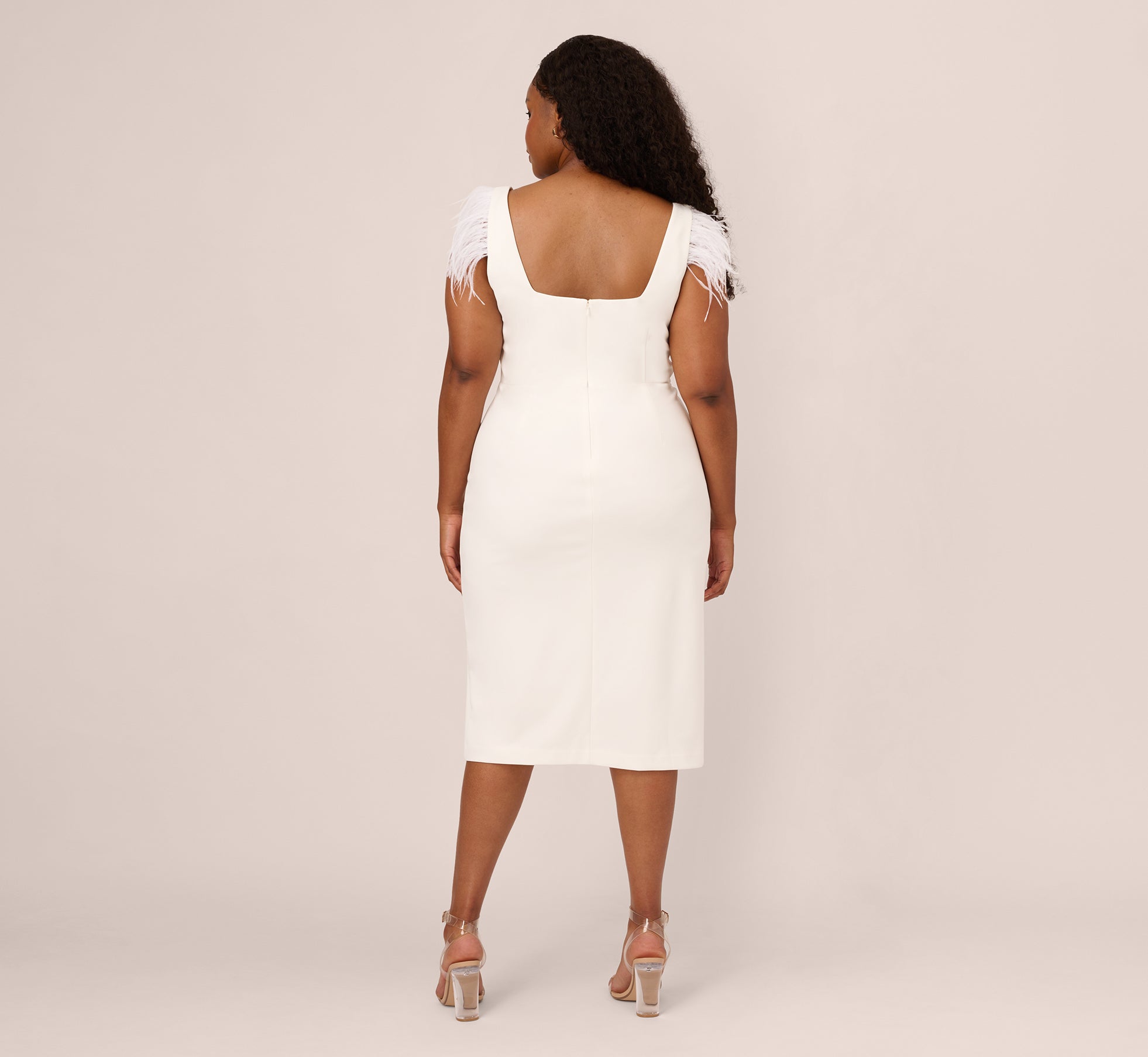 Plus Size Knit Crepe Midi Dress With Feather Shoulder Accents In Ivory、mySite、solidvoid