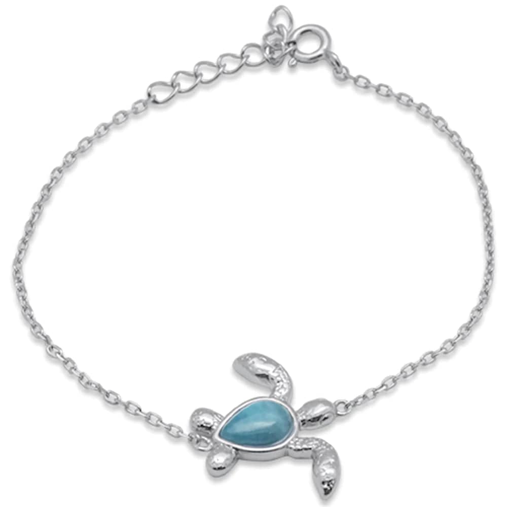 Turtle Bracelet, 2 Styles, 925 Sterling Silver Natural Larimar Bolo or Chain、mySite、g9winljtr