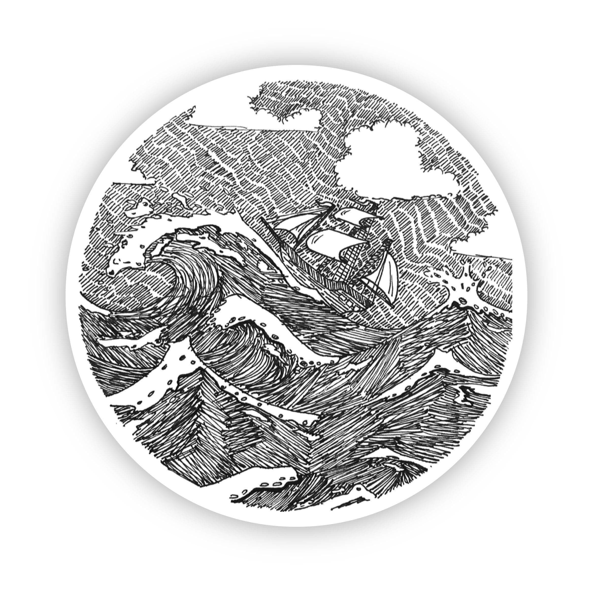  Ship on Ocean Outdoors Sticker (Black and White)、mySite、elrpsem3k