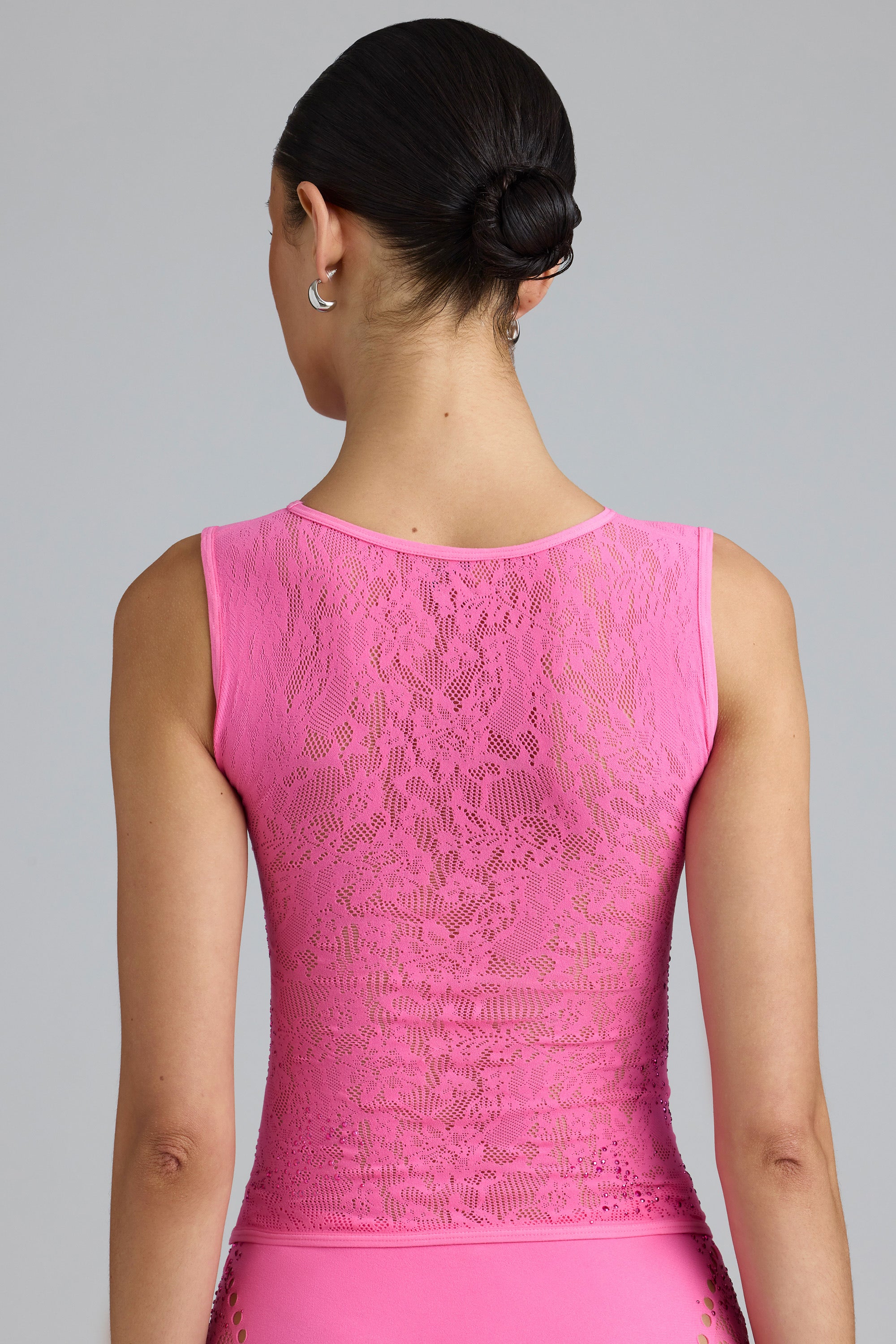 Embellished Lace-Up High-Neck Top in Bubblegum Pink、mySite、solidvoid
